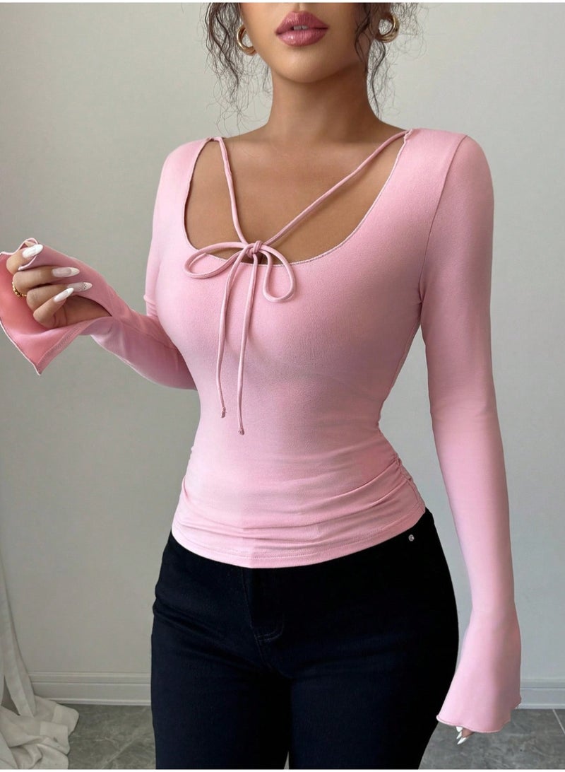 SHEIN Women's Fashionable Elegant Ruched Waist Slim Fit Flared Long Sleeve Solid Color - Image 4