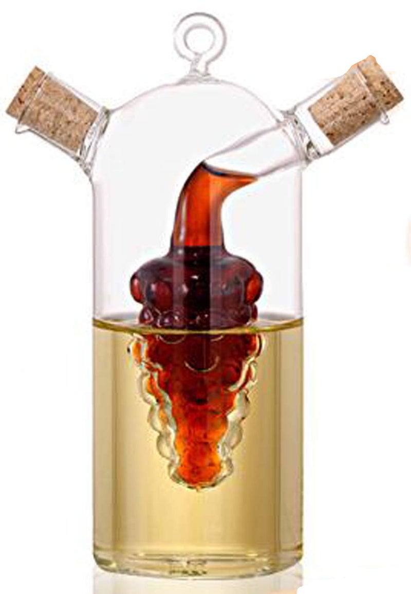 ELETON Grape Motif Oil and Vinegar Cruet Dispenser Bottle,Clear Borosilicate Glass 2 in 1 Olive Oil Vinegar Cruet with Cork Stoppers,Olive and Balsamic Vinegar Bottle