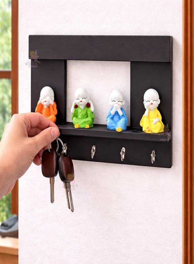 ويش كي حامل مفاتيح خشبي مثبت على الحائط من WISHKEY، منظم مفاتيح فريد بتصميم بوذا راهب مع 5 خطافات، حامل مفاتيح رائع لتزيين المنزل، أسود (عبوة من قطعة واحدة) - Image 5