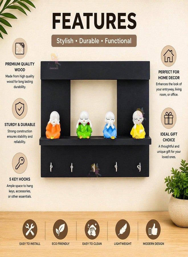 ويش كي حامل مفاتيح خشبي مثبت على الحائط من WISHKEY، منظم مفاتيح فريد بتصميم بوذا راهب مع 5 خطافات، حامل مفاتيح رائع لتزيين المنزل، أسود (عبوة من قطعة واحدة) - Image 4