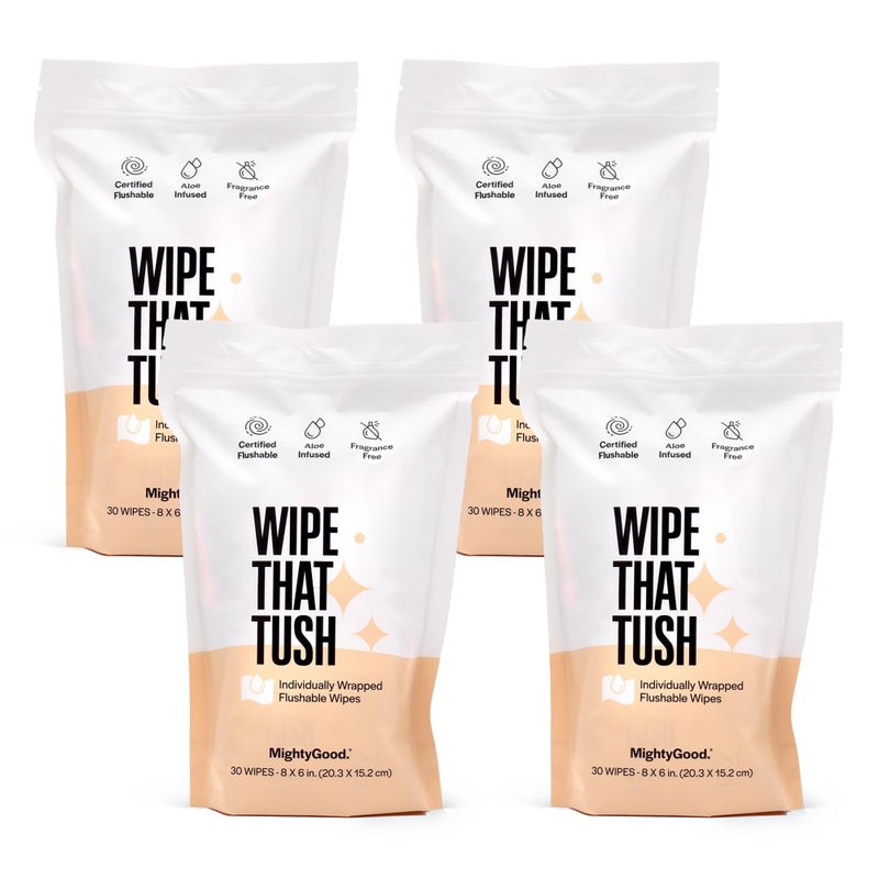 MightyGood. Wipe That Tush On-The-Go Flushable Wipes - 4 Packs of 30 Individually Wrapped Wipes, 120 Total - Fragrance Free - Extra Large & Soft - Hypoallergenic With Aloe & Vitamin E - Septic-Safe - Image 1