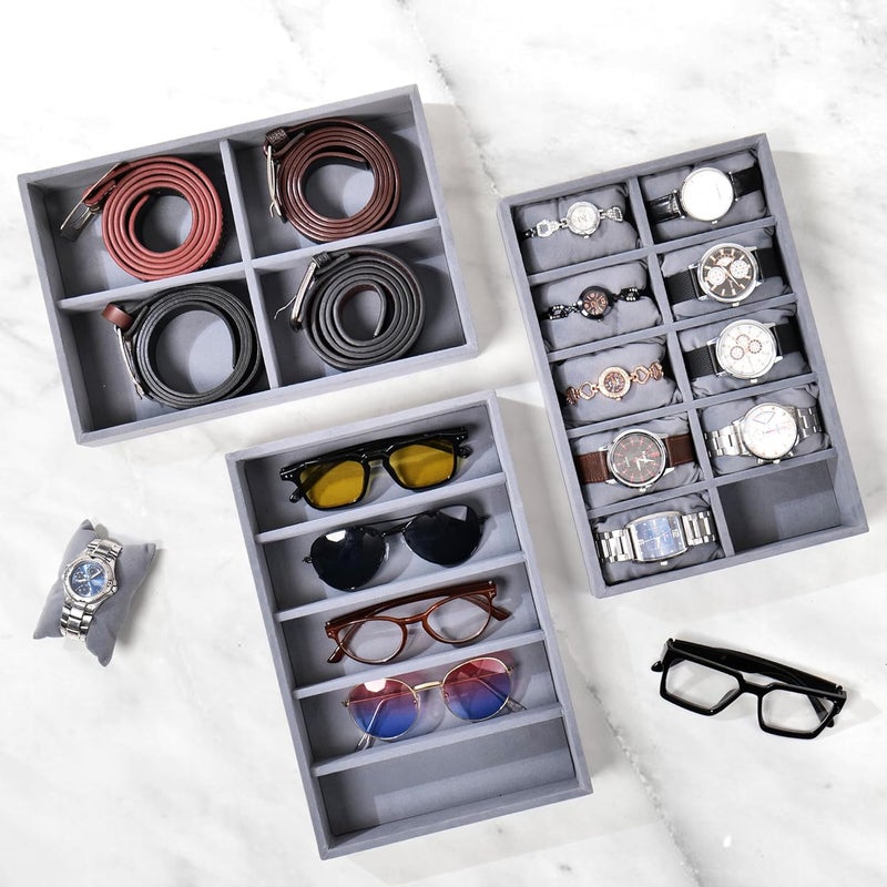 La Trove Luxury Drawer Accesorries Organiser Tray for Watch Belts and Sunglasses (Combo of 3, Grey) - Image 1