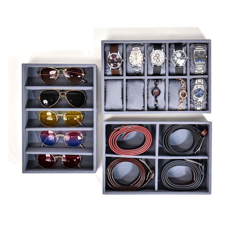 La Trove Luxury Drawer Accesorries Organiser Tray for Watch Belts and Sunglasses (Combo of 3, Grey) - Image 2