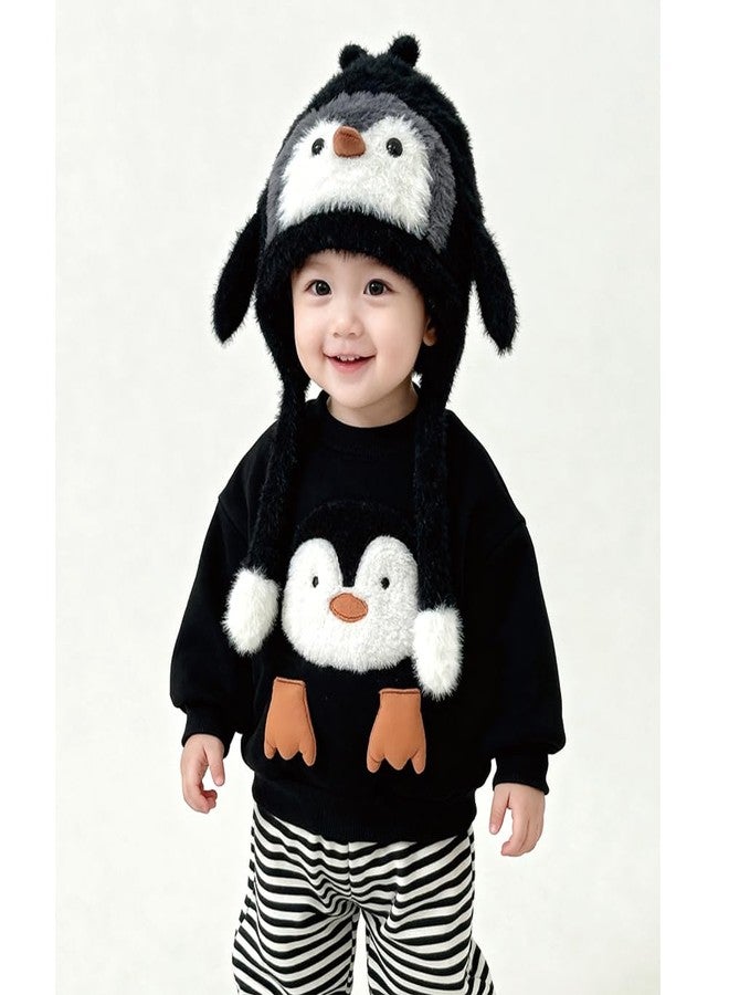 KORADI Girls Knit Hat Cute Penguin Fuzzy Beanie Hats Boys Winter Warm Flecce Lining Cap with Earflap 2-8 Years White - Image 2