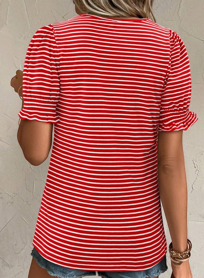 CRAZY GRID Business Casual Tops for Women Ruffle Short Sleeve Dressy Loose Fit Blouses Spring Clothes Beach Vacation Tshirts Red White Medium - Image 3