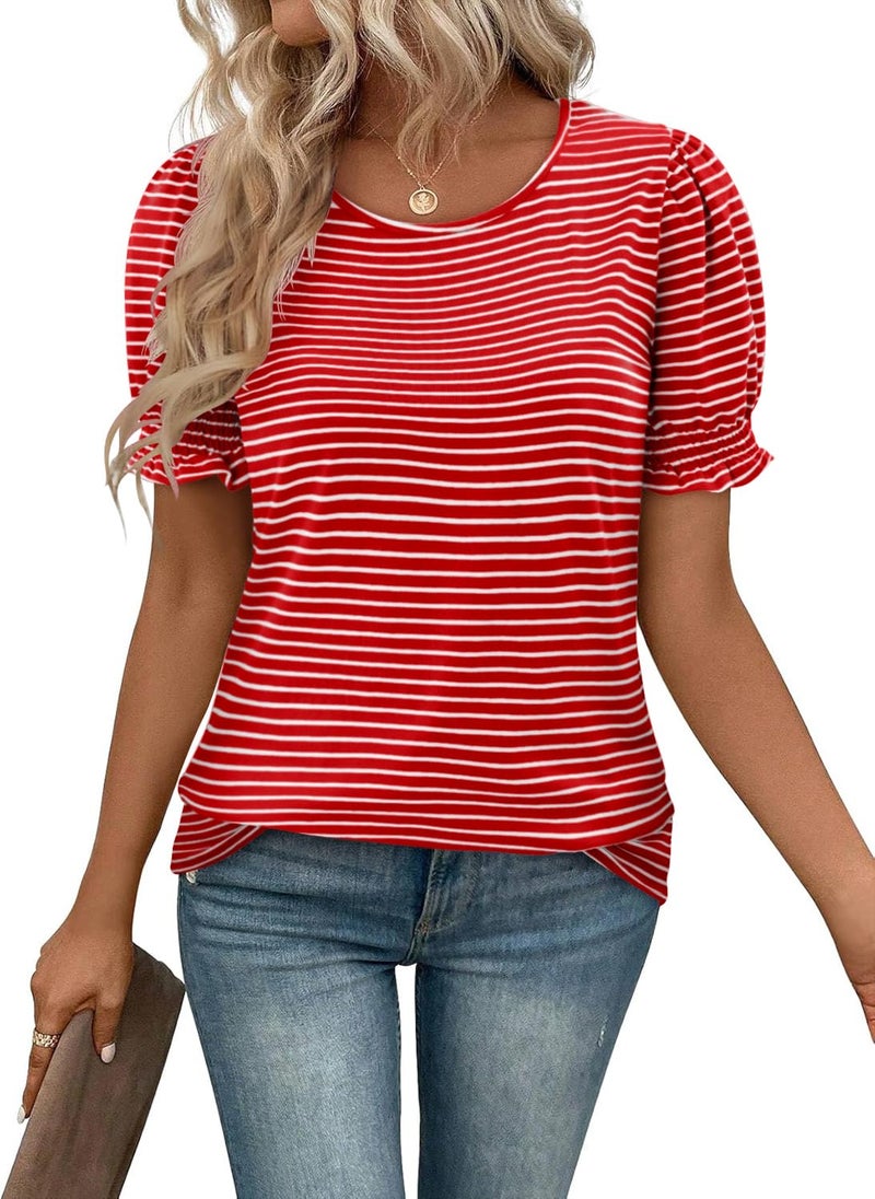 CRAZY GRID Business Casual Tops for Women Ruffle Short Sleeve Dressy Loose Fit Blouses Spring Clothes Beach Vacation Tshirts Red White Medium - Image 4