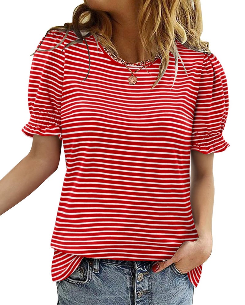 CRAZY GRID Business Casual Tops for Women Ruffle Short Sleeve Dressy Loose Fit Blouses Spring Clothes Beach Vacation Tshirts Red White Medium - Image 1