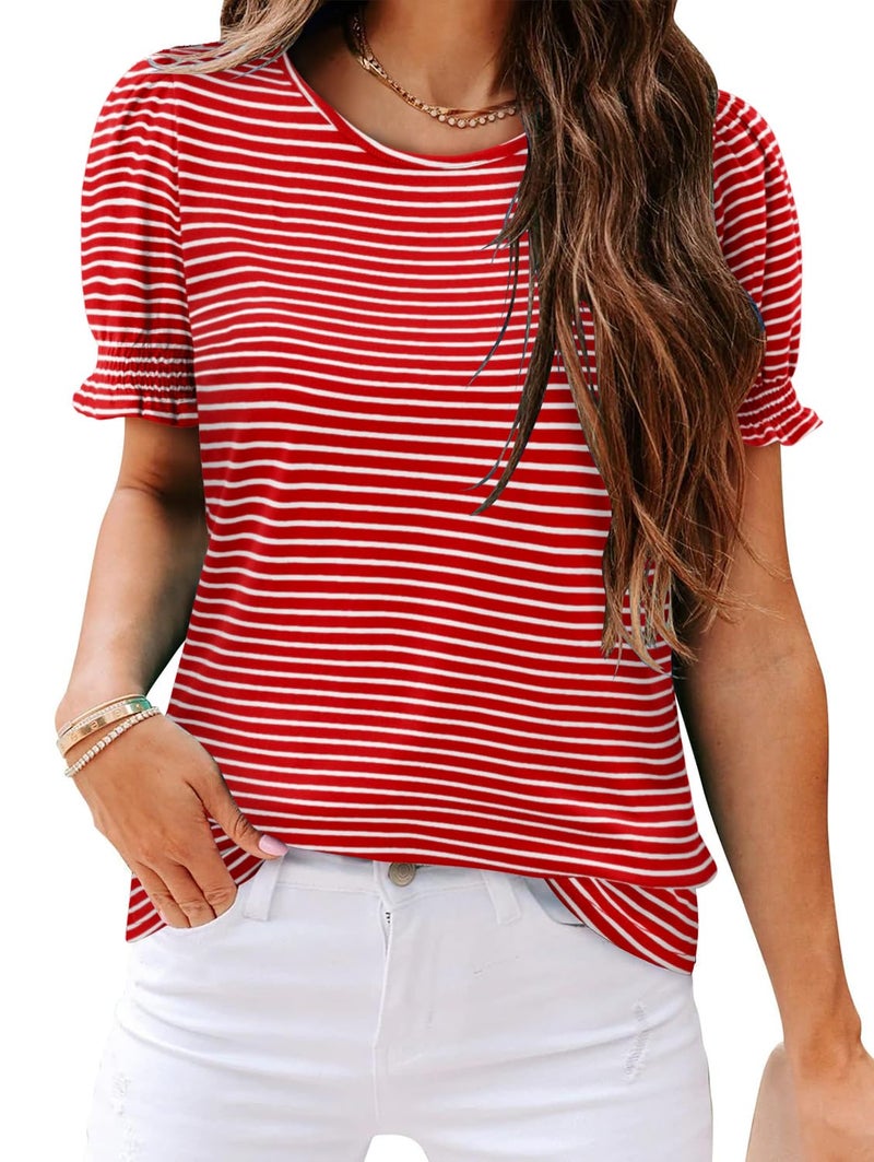 CRAZY GRID Business Casual Tops for Women Ruffle Short Sleeve Dressy Loose Fit Blouses Spring Clothes Beach Vacation Tshirts Red White Medium - Image 2