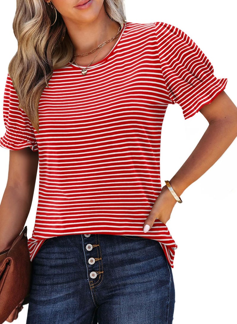 CRAZY GRID Business Casual Tops for Women Ruffle Short Sleeve Dressy Loose Fit Blouses Spring Clothes Beach Vacation Tshirts Red White Medium - Image 5