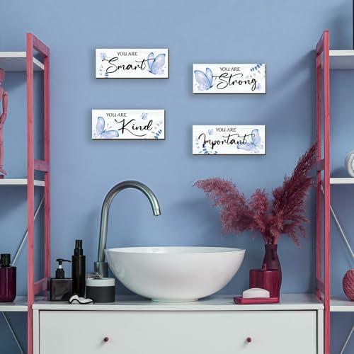 DONFENTHY 4 Pcs Butterfly Wall Decor Blue Room Decor Wooden Positive Decor with Butterfly Inspirational Word Sign for Teen Girls Women Room Bathroom Bedroom Office Decor(Blue,10x4 Inch) - Image 5