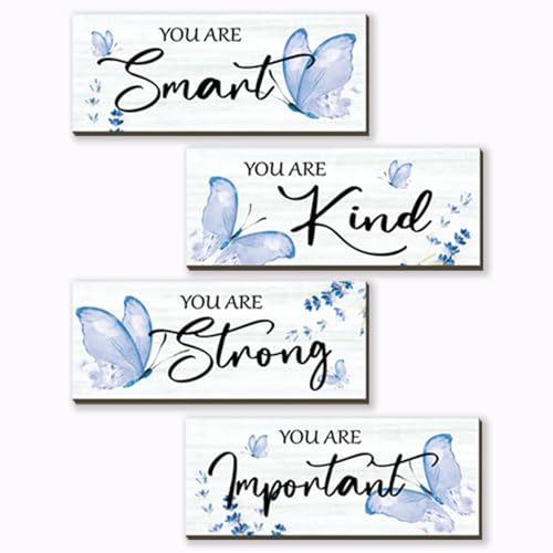 DONFENTHY 4 Pcs Butterfly Wall Decor Blue Room Decor Wooden Positive Decor with Butterfly Inspirational Word Sign for Teen Girls Women Room Bathroom Bedroom Office Decor(Blue,10x4 Inch) - Image 1