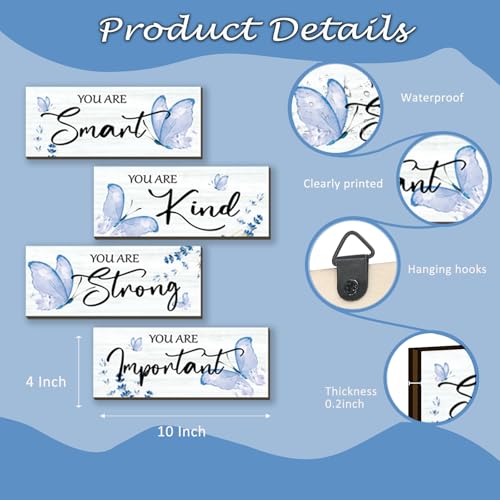 DONFENTHY 4 Pcs Butterfly Wall Decor Blue Room Decor Wooden Positive Decor with Butterfly Inspirational Word Sign for Teen Girls Women Room Bathroom Bedroom Office Decor(Blue,10x4 Inch) - Image 4