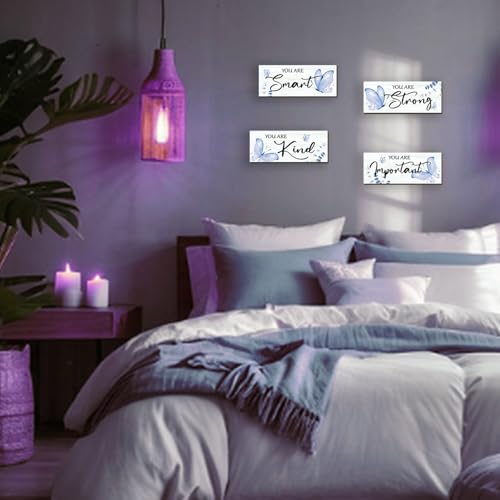 DONFENTHY 4 Pcs Butterfly Wall Decor Blue Room Decor Wooden Positive Decor with Butterfly Inspirational Word Sign for Teen Girls Women Room Bathroom Bedroom Office Decor(Blue,10x4 Inch) - Image 3
