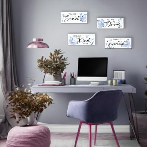 DONFENTHY 4 Pcs Butterfly Wall Decor Blue Room Decor Wooden Positive Decor with Butterfly Inspirational Word Sign for Teen Girls Women Room Bathroom Bedroom Office Decor(Blue,10x4 Inch) - Image 2