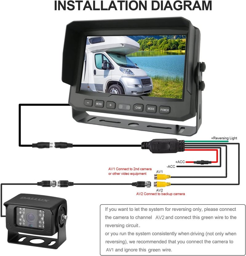 DALLUX Heavy Duty Vehicle Truck Bus Backup Camera System,Waterproof Night Vision Rear View Camera with 7 inch Monitor+66ft 4 PIN Camera Cable for Bus Truck Van Trailer RV Campers Motor Home(12V 24V) - Image 5