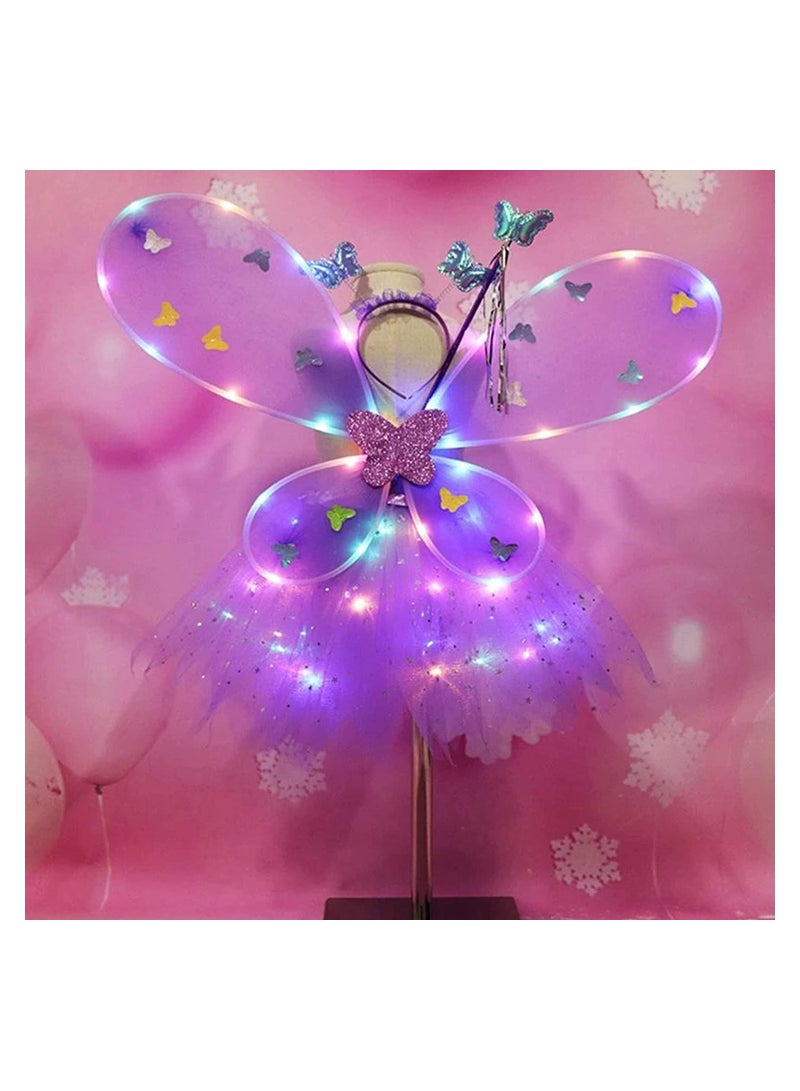 Excefore Light Up Fairy Costume Set 4Pcs Includes LED Tutu Skirt Butterfly Fairy Wings Butterfly Wand Headband Wings Butterfly Wings Costume for  Costume Birthday Party Decoration (Purple) - Image 1