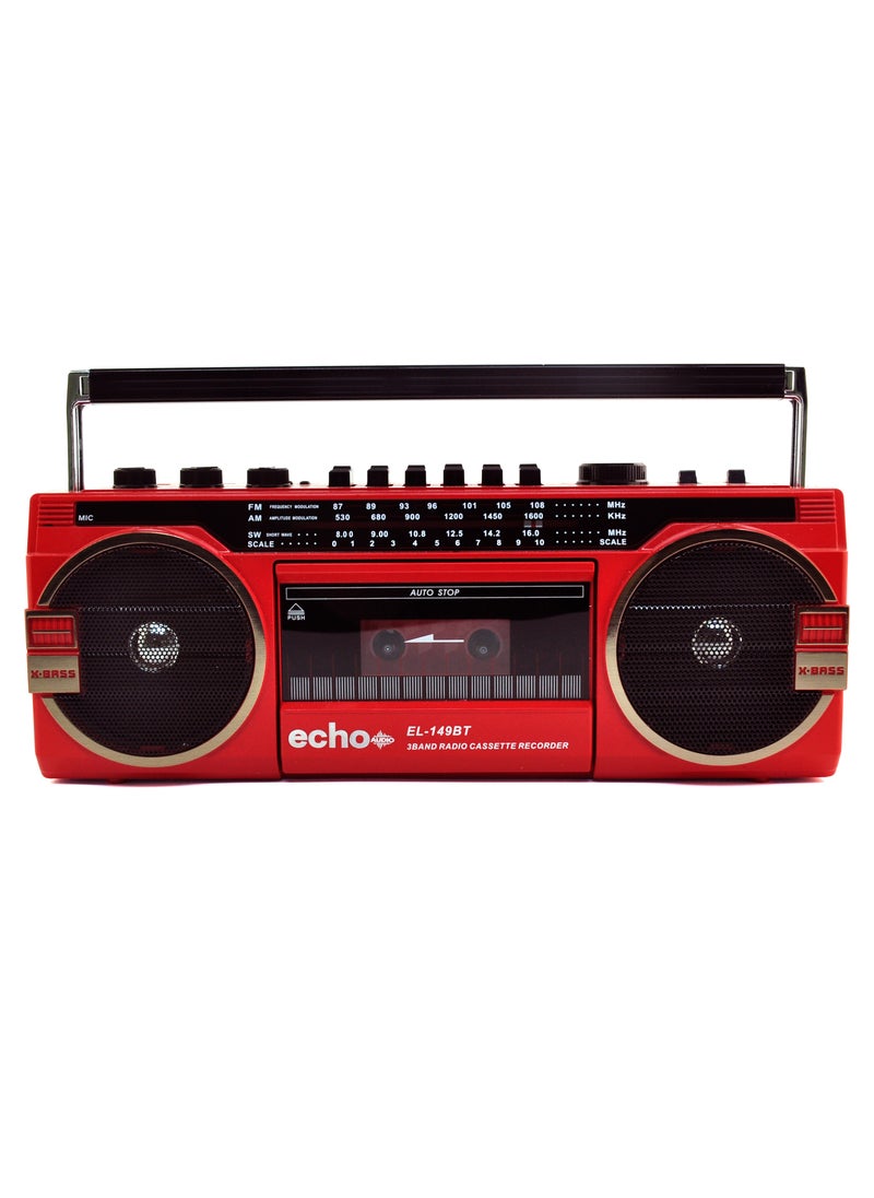 Echo Audio Retro Blast Bluetooth Boombox Portable Cassette Player Tape Recorder AM/FM/SW 3 Band Radio Two 8W X-Bass Speakers Voice Recording Headphone Jack Supports USB and SD Cards