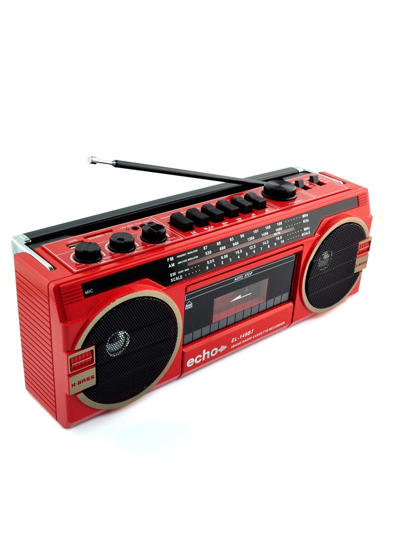 Echo Audio Retro Blast Bluetooth Boombox Portable Cassette Player Tape Recorder AM/FM/SW 3 Band Radio Two 8W X-Bass Speakers Voice Recording Headphone Jack Supports USB and SD Cards