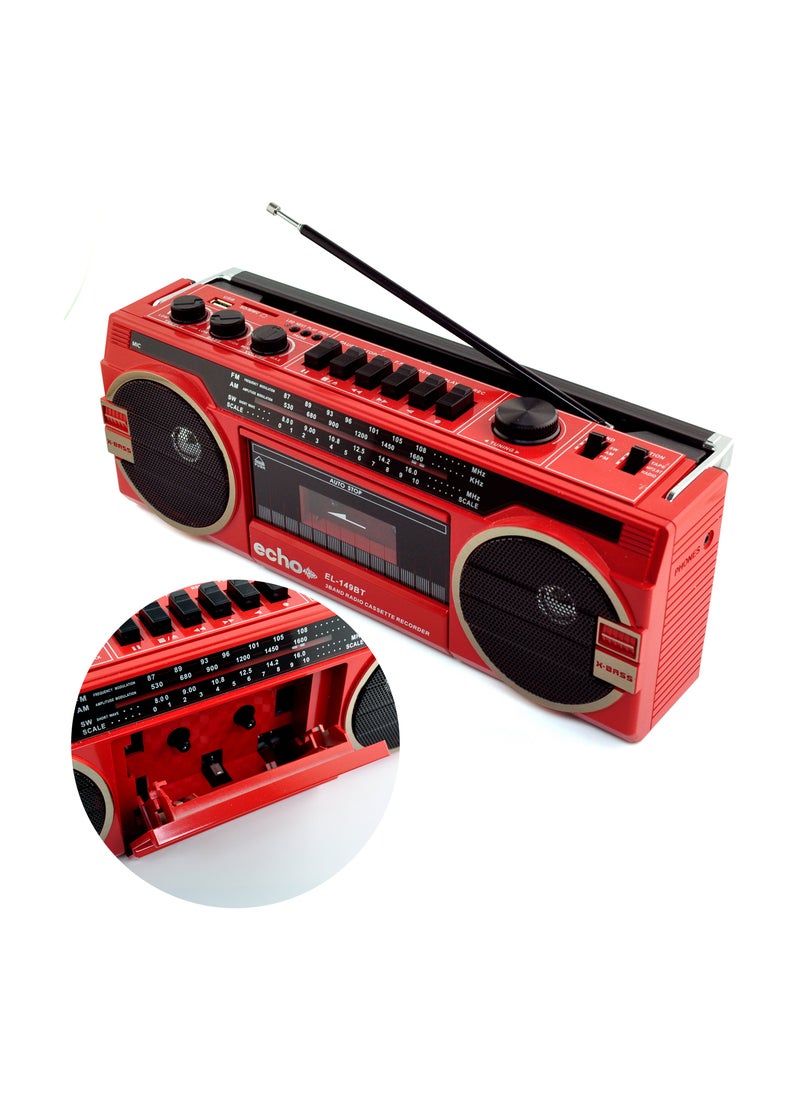 Echo Audio Retro Blast Bluetooth Boombox Portable Cassette Player Tape Recorder AM/FM/SW 3 Band Radio Two 8W X-Bass Speakers Voice Recording Headphone Jack Supports USB and SD Cards