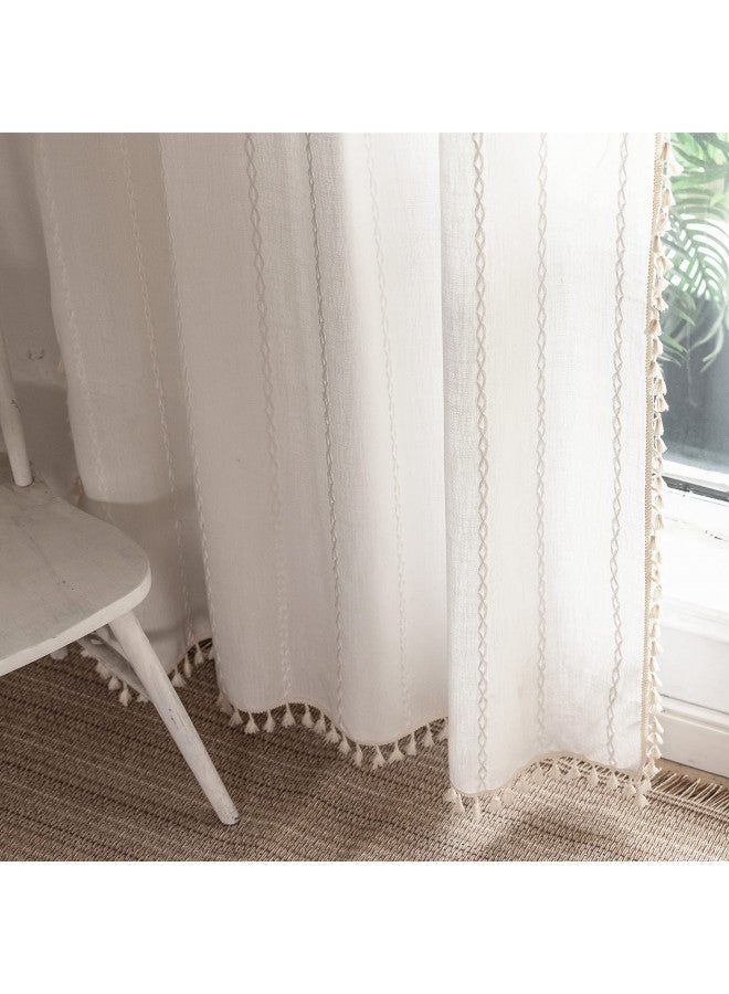 Deeprove Deeprove White Boho Curtains 84 Inches Long for Bedroom Living Room, Cream Chic Linen Cotton Embroidered Semi Blackout Bohemian Farmhouse Window Treatment Drape Vintage Tassels, 1 Panel W52 x L84 - Image 4