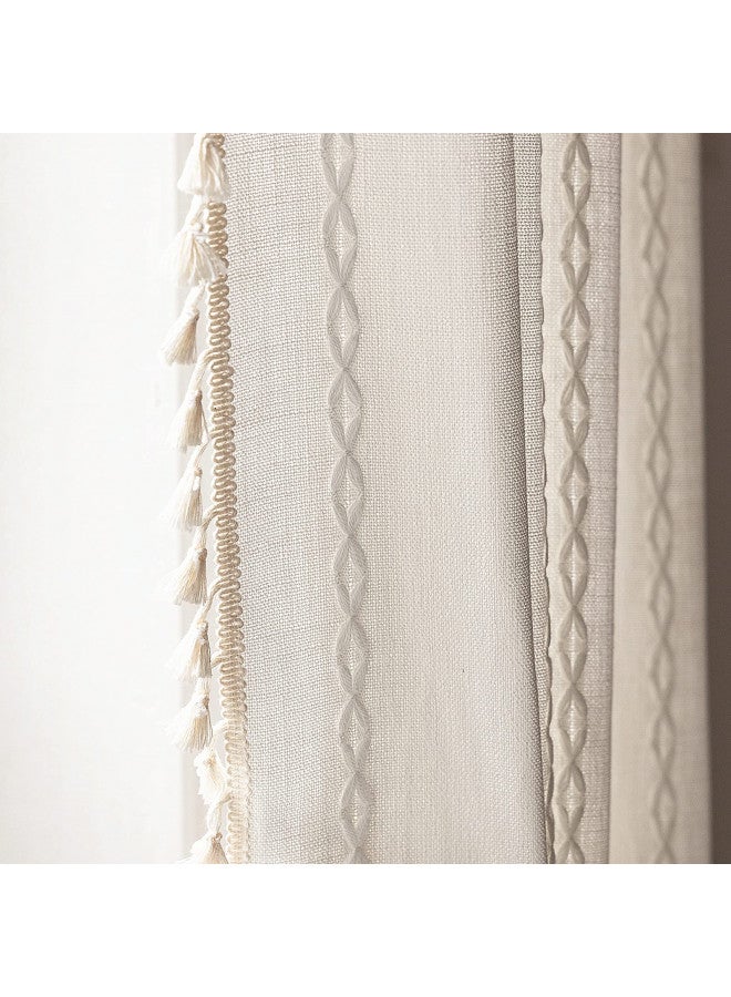 Deeprove Deeprove White Boho Curtains 84 Inches Long for Bedroom Living Room, Cream Chic Linen Cotton Embroidered Semi Blackout Bohemian Farmhouse Window Treatment Drape Vintage Tassels, 1 Panel W52 x L84 - Image 1