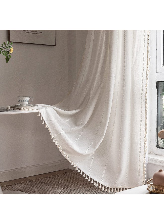Deeprove Deeprove White Boho Curtains 84 Inches Long for Bedroom Living Room, Cream Chic Linen Cotton Embroidered Semi Blackout Bohemian Farmhouse Window Treatment Drape Vintage Tassels, 1 Panel W52 x L84 - Image 2