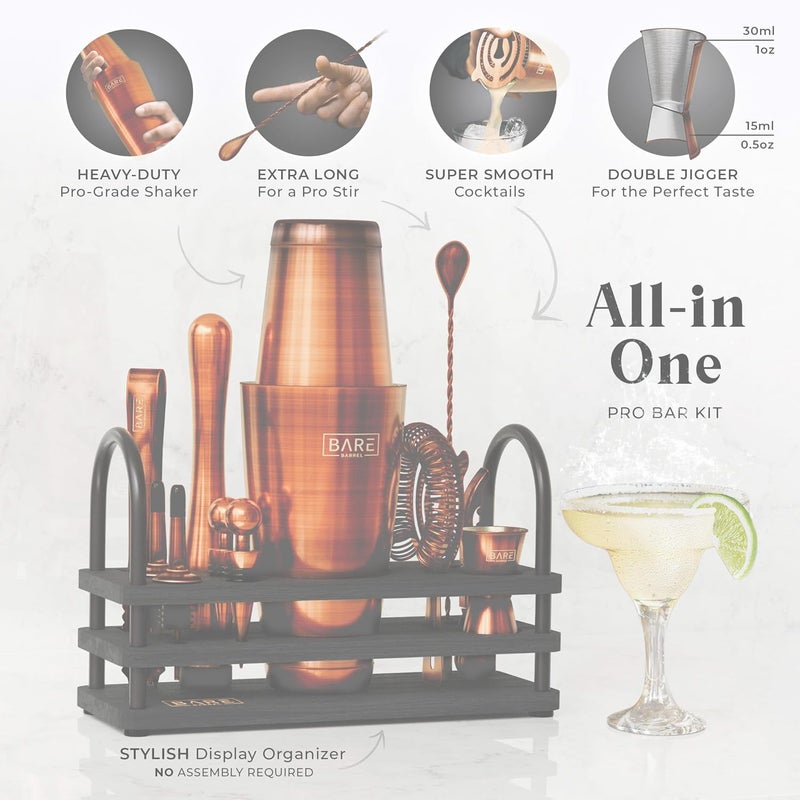 Bare Barrel ® Mixology Bartender Kit Bar Set | 14-Piece Cocktail Shaker Set | Martini Barware Mixing Tools for Home Bartending | 35 Recipe Cards | Gift Set (28oz Boston Shaker, Chestnut Copper/Black) - Image 2