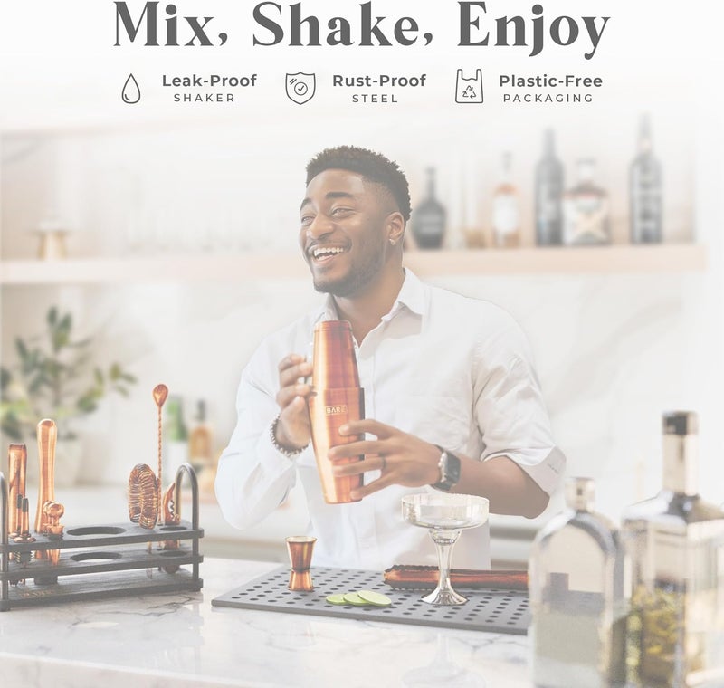 Bare Barrel ® Mixology Bartender Kit Bar Set | 14-Piece Cocktail Shaker Set | Martini Barware Mixing Tools for Home Bartending | 35 Recipe Cards | Gift Set (28oz Boston Shaker, Chestnut Copper/Black) - Image 3