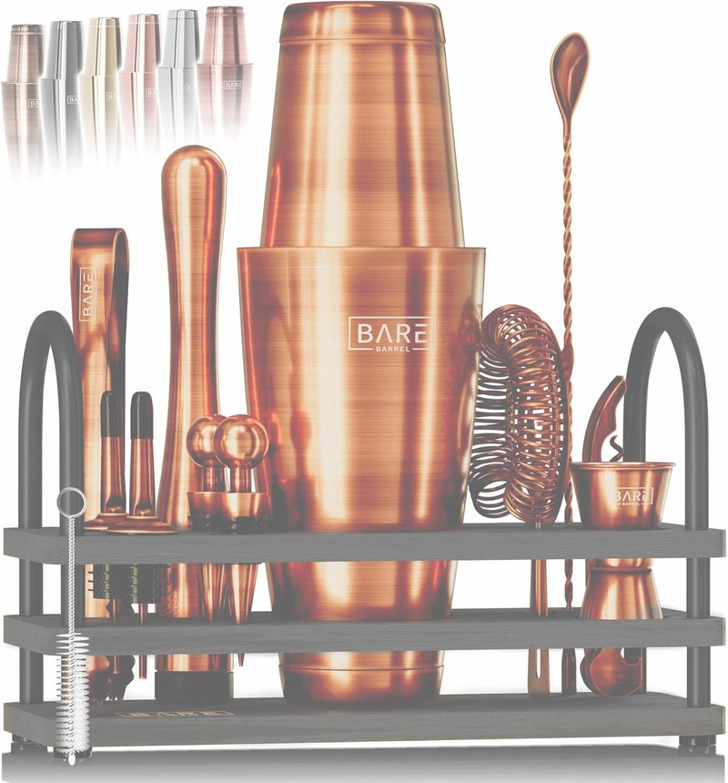 Bare Barrel ® Mixology Bartender Kit Bar Set | 14-Piece Cocktail Shaker Set | Martini Barware Mixing Tools for Home Bartending | 35 Recipe Cards | Gift Set (28oz Boston Shaker, Chestnut Copper/Black) - Image 1