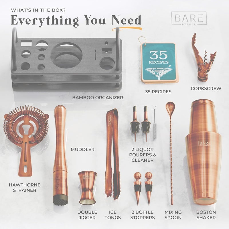 Bare Barrel ® Mixology Bartender Kit Bar Set | 14-Piece Cocktail Shaker Set | Martini Barware Mixing Tools for Home Bartending | 35 Recipe Cards | Gift Set (28oz Boston Shaker, Chestnut Copper/Black) - Image 4