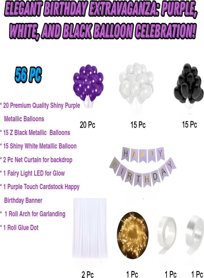 FOOGAA Premium Birthday Decoration Kit - Purple, Black, White Balloons With LED Net Curtain, Complete Party Decor Set, 56 Pcs - Image 2
