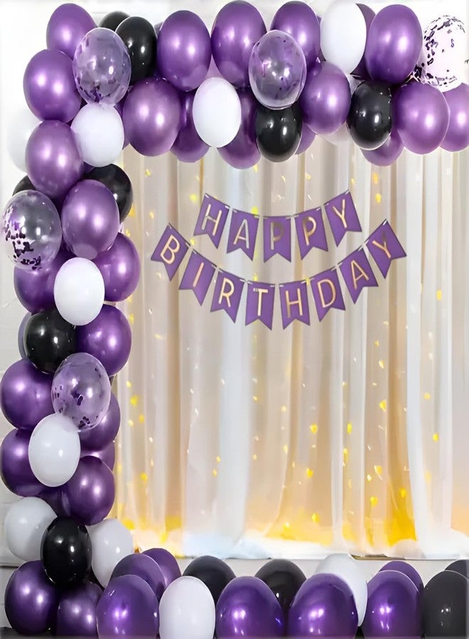 FOOGAA Premium Birthday Decoration Kit - Purple, Black, White Balloons With LED Net Curtain, Complete Party Decor Set, 56 Pcs - Image 1