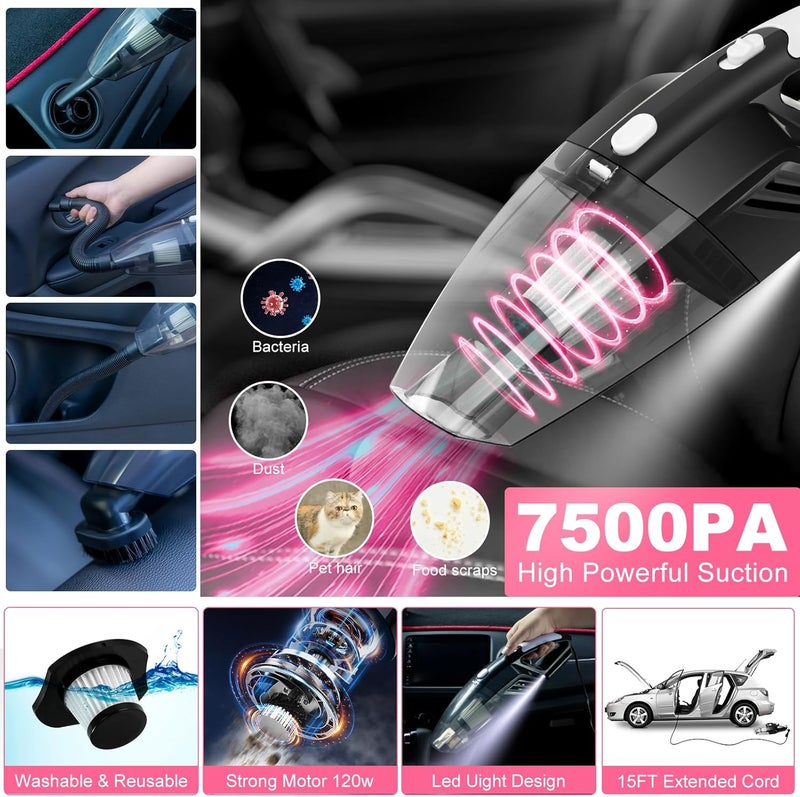 AUTODECO 41Pcs Car Cleaning Wash Kit Interior Detailing Cleaner Kit with High Power Handheld Vacuum, Collapsible Bucket, Windshield Tool, Snow Shovel, Tire Brush, Complete Car Care Tools, Pink - Image 2