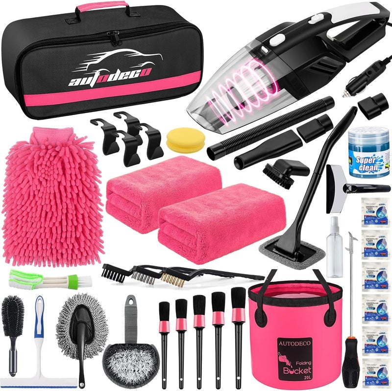 AUTODECO 41Pcs Car Cleaning Wash Kit Interior Detailing Cleaner Kit with High Power Handheld Vacuum, Collapsible Bucket, Windshield Tool, Snow Shovel, Tire Brush, Complete Car Care Tools, Pink - Image 1