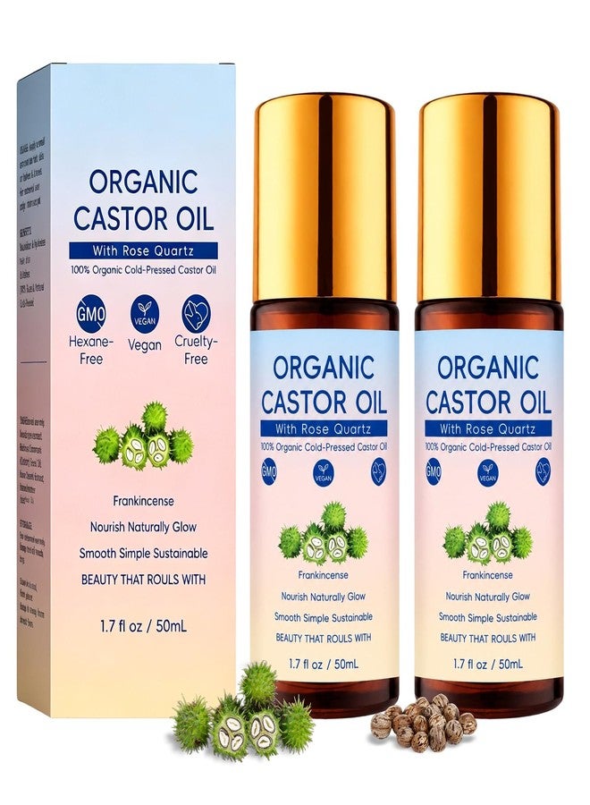 YADUO 2Pcs Organic Castor Oil with Rose Quartz Roller, Natural Moisturizer, Cold-Pressed Pure Organic Castor Oil Roller Ball for Hair, Eyelashes, Eyebrows & Skin - Image 1