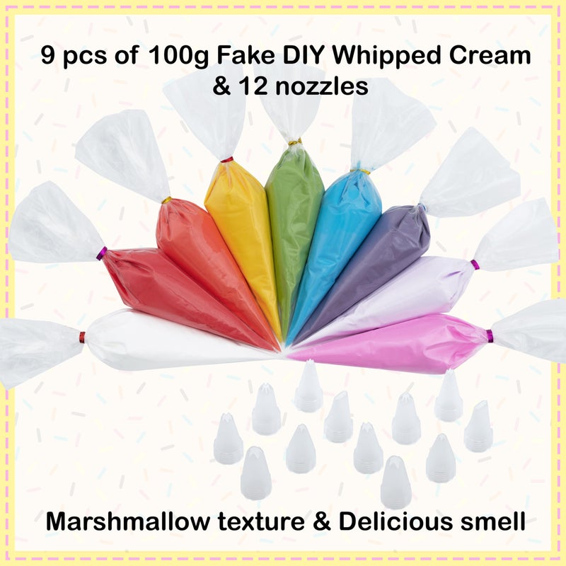 Decoden Cream Large 9PCS Premium Texture Fake Whipped Cream Glue, Decoden Kit, Fake Icing Frosting Whipped Clay with Piping Bags for Crafts and DIY Projects (Rainbow Set) - Image 2
