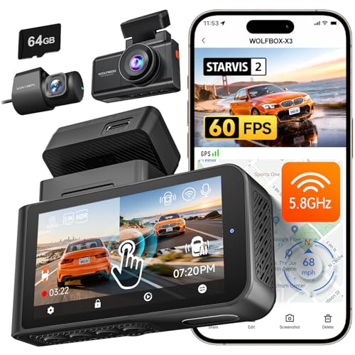 WOLFBOX X3 2.5K 1440P 60FPS Dash Camera, STARVIS 2 IMX675 with ADAS, 1440P+1080P Dual Dashcam Front and Rear Camera 5MP with Built-in 5.8GHz WiFi & GPS, 64GB Card, Touch Screen, G-Sensor, Loop Record - Image 1