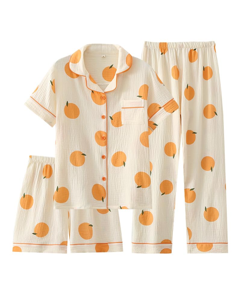 codcm Womens 3pcs Cotton Pajamas Set Short Sleeve Sleepwear Fruit Print Cute Pj Set with Long Pants(Beige,Medium) - Image 1