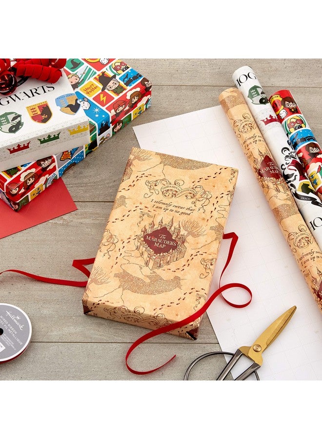 Hallmark Harry Potter Wrapping Paper with Cut Lines on Reverse (3-Pack: 60 sq. ft. ttl; Marauder's Map, Hogwarts Crest) for Birthdays, Graduations, Christmas, Valentine's Day, Kids, Fans - Image 1