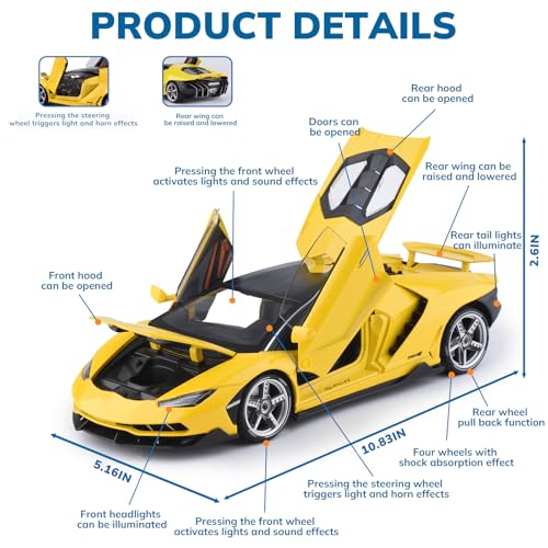 FRJV Toy Cars 118 Diecast Cars LP770 Metal Sports Car Model Car KitsCarros De Coleccion for Adults and KidsPull Back Cars with Lights and SoundsBig Toy Cars for Boys Age 47Yellow - Image 5