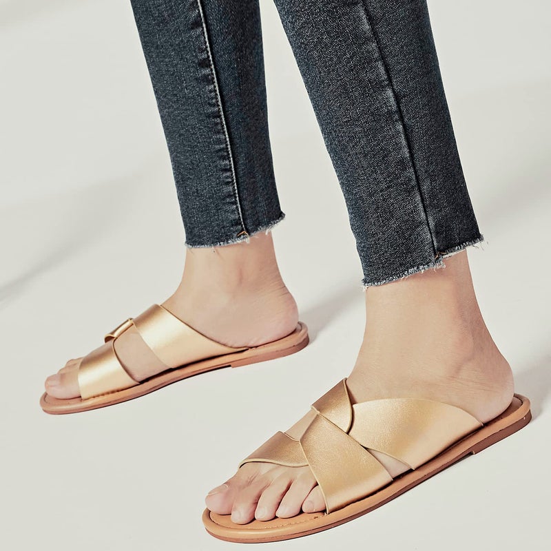 Luoika Women's Wide Width Flat Slides Sandals, Strapy Slide Sandal Slip on Dressy Summer Shoes for Women. 210901,Gold,9XW - Image 2
