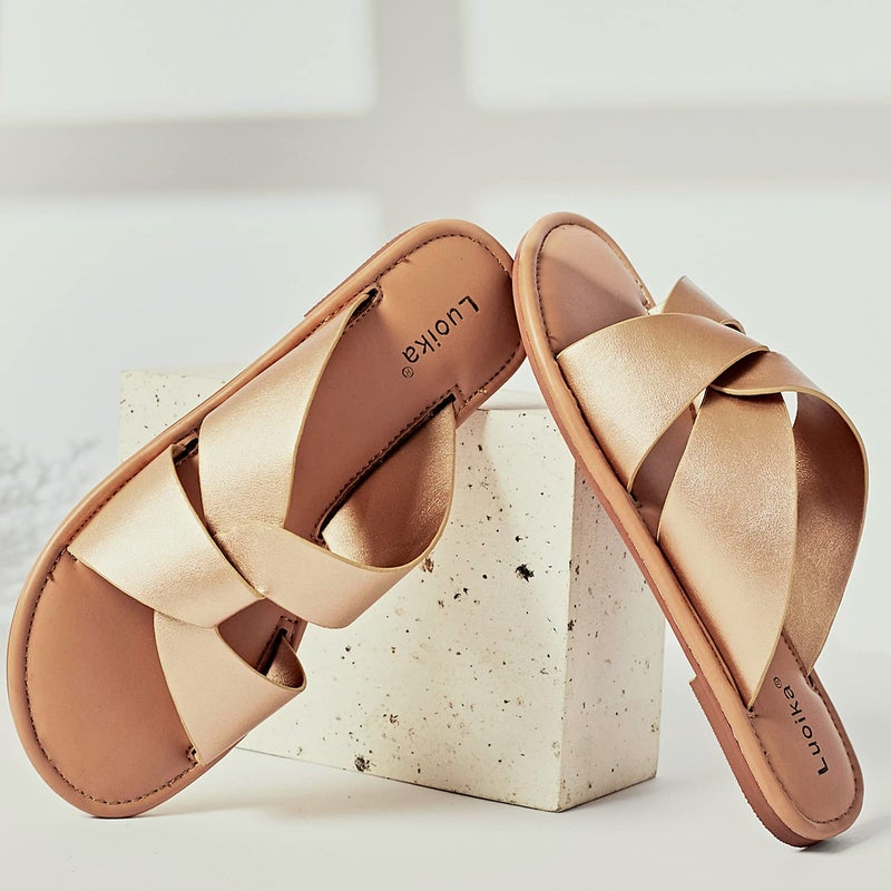 Luoika Women's Wide Width Flat Slides Sandals, Strapy Slide Sandal Slip on Dressy Summer Shoes for Women. 210901,Gold,9XW - Image 3