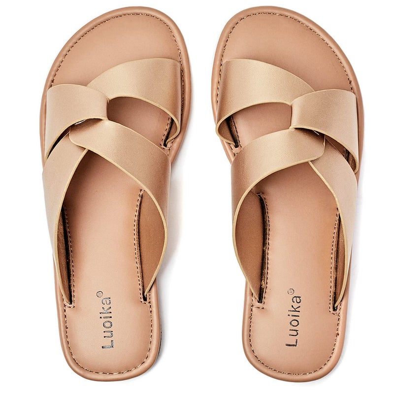 Luoika Women's Wide Width Flat Slides Sandals, Strapy Slide Sandal Slip on Dressy Summer Shoes for Women. 210901,Gold,9XW - Image 1