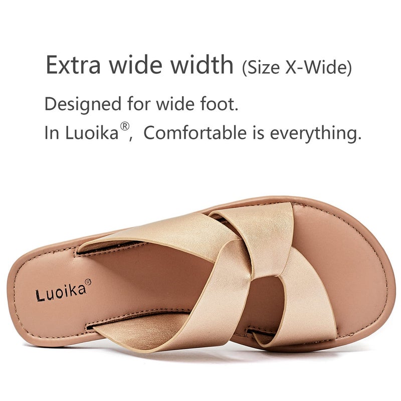 Luoika Women's Wide Width Flat Slides Sandals, Strapy Slide Sandal Slip on Dressy Summer Shoes for Women. 210901,Gold,9XW - Image 4