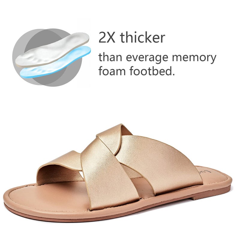 Luoika Women's Wide Width Flat Slides Sandals, Strapy Slide Sandal Slip on Dressy Summer Shoes for Women. 210901,Gold,9XW - Image 5