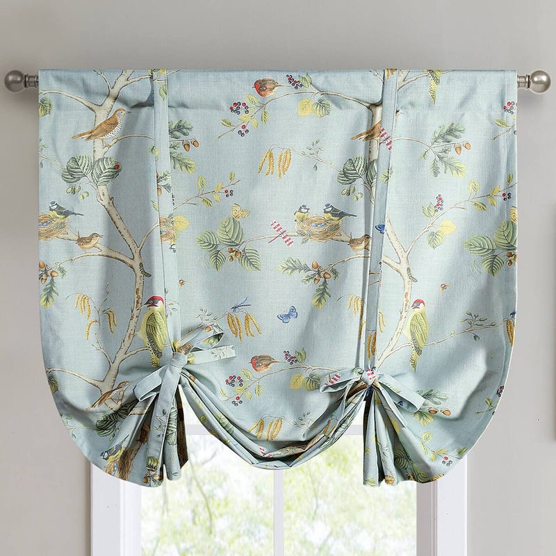 VOGOL Linen Textured Balloon Tie Up Curtains Thermal Insulated Rod Pocket Window Shades for Farmhouse Adjustable Birds Printed Valances for Windows 1 Panel 42x63