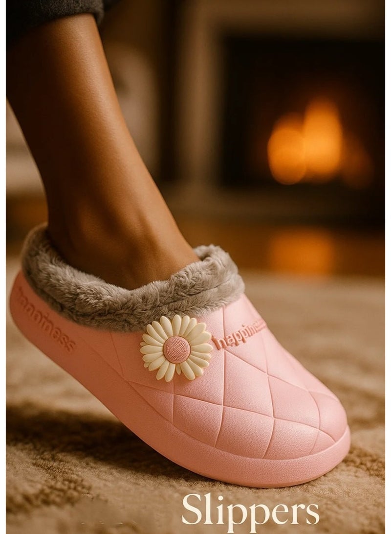 سليبر شتوي منزلي مبطن بالفرو- مع زهرة  أنيقة - مقاس 32-33