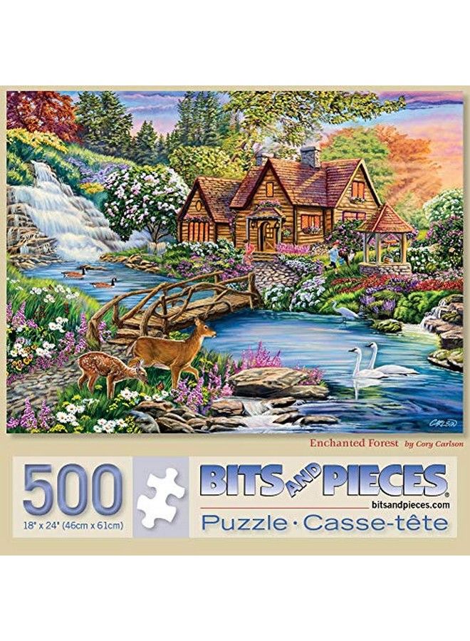 Bits and Pieces 500 قطعة من الألغاز للبالغين 18" × 24" غابة ساحرة 500 قطعة منزل قروي طبيعة حيوانات شلال مجرى مائي من تأليف الفنان كوري كارلسون - Image 2