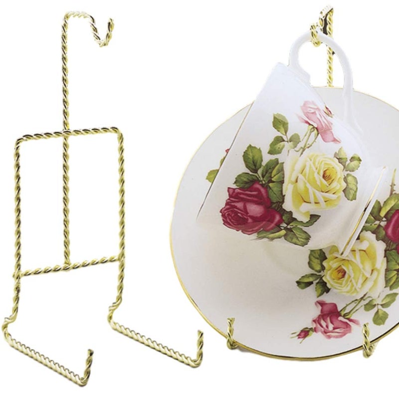 BANBERRY DESIGNS Twisted Gold Tea Cup and Saucer Holder  Set of 2 Brass Stands Display for Collectible Teacups and Saucers  Fine China