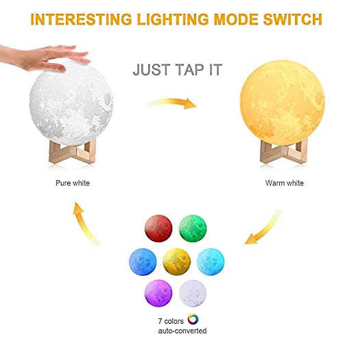 THEODORE® 3D USB Rechargeable Moon Lamp Color Changing Sensor Touch Decoration Crystal Ball Night Lamp with Wooden Stand, Bedroom Lamp for Night,(15CM) - Image 2